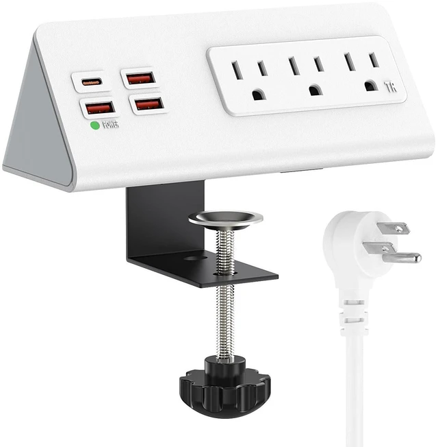 Main image of Nightstand Edge Power Strip with 3 AC Outlets and 4 USB Ports, 20W USB-C, 6.56 ft Flat Plug Cord, Desk Charging Station White