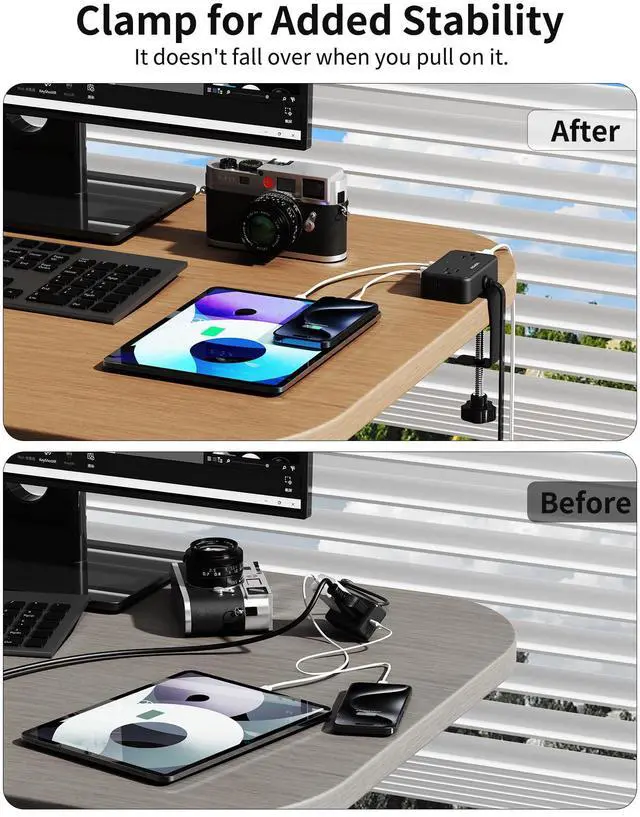 Alt view image 5 of 7 - Desk Clamp Power Strip, Desktop Mount Charging Station with 4 Outlets 4 USB Ports (2 USB C), 10Ft Under Desk Power Strip, Fits 2.75" Tabletop Edge, Extension Cord for Home Office, Black