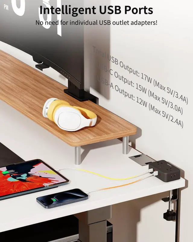 Alt view image 6 of 7 - Desk Clamp Power Strip, Desktop Mount Charging Station with 4 Outlets 4 USB Ports (2 USB C), 10Ft Under Desk Power Strip, Fits 2.75" Tabletop Edge, Extension Cord for Home Office, Black