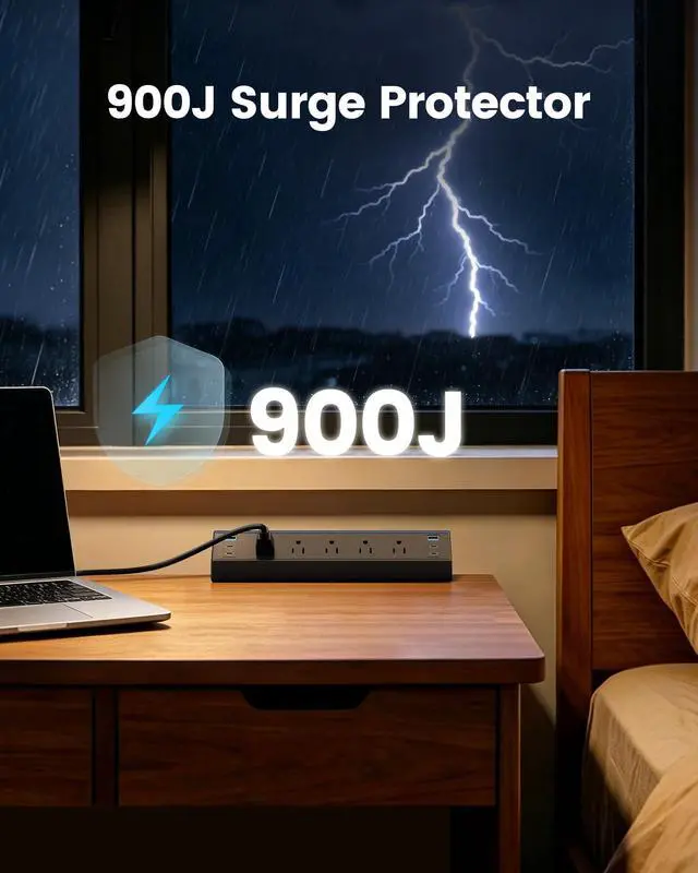Alt view image 4 of 7 - Desk Clamp Power Strip with 5 Outlets, 4 PD 20W USB-C & 2 USB-A Ports, 40W Total Fast Charging Station, 900J Surge Protector, Fit 1.97 in Desk Edge Mount, 45° Flag Plug, 6 ft Extension Cord