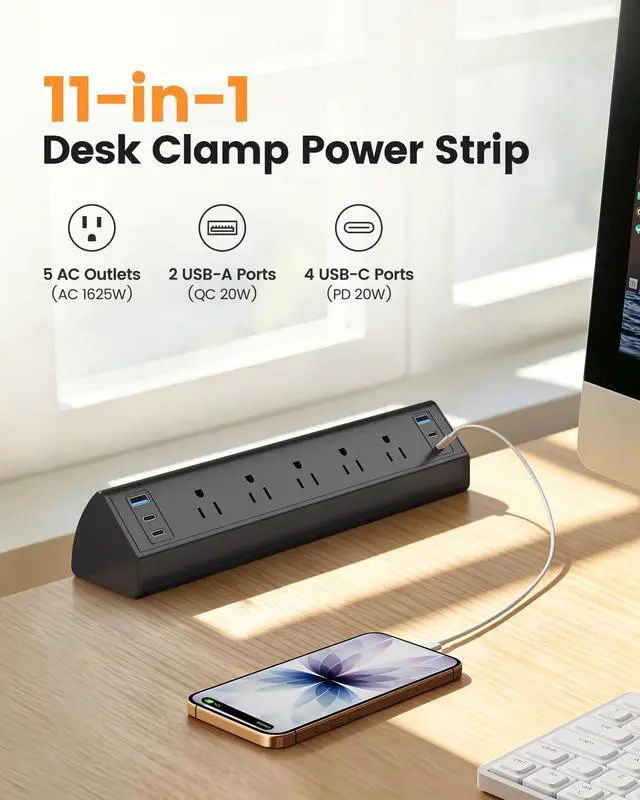 Alt view image 3 of 7 - Desk Clamp Power Strip with 5 Outlets, 4 PD 20W USB-C & 2 USB-A Ports, 40W Total Fast Charging Station, 900J Surge Protector, Fit 1.97 in Desk Edge Mount, 45° Flag Plug, 6 ft Extension Cord