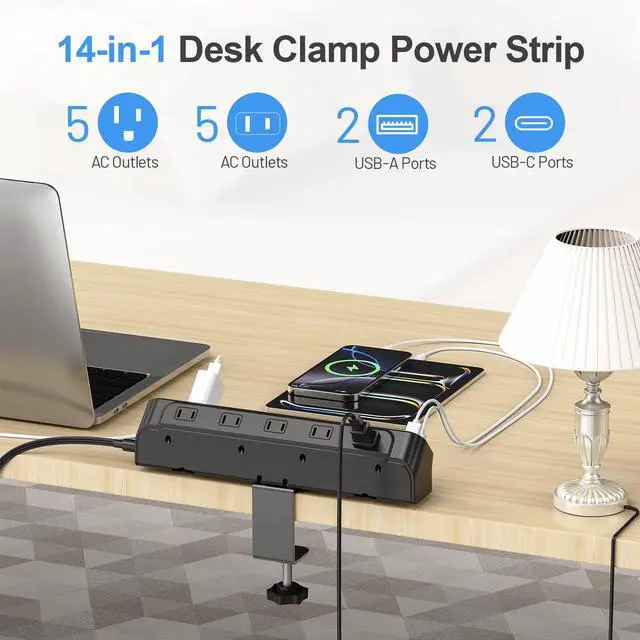 Alt view image 2 of 7 - Desk Clamp Power Strip, Edge Mount, 10 AC Outlets 4 USB Ports