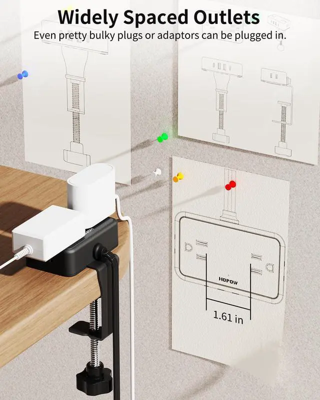 Alt view image 7 of 7 - Desk Clamp Power Strip, Desktop Mount Charging Station with 4 Outlets 4 USB Ports (2 USB C), 10Ft Under Desk Power Strip, Fits 2.75" Tabletop Edge, Extension Cord for Home Office, Black