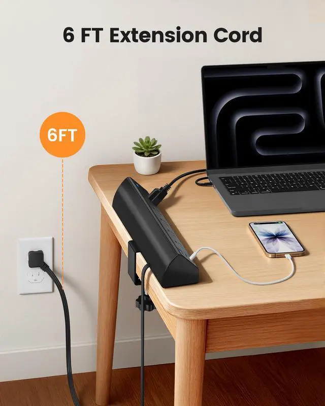 Alt view image 6 of 7 - Desk Clamp Power Strip with 5 Outlets, 4 PD 20W USB-C & 2 USB-A Ports, 40W Total Fast Charging Station, 900J Surge Protector, Fit 1.97 in Desk Edge Mount, 45° Flag Plug, 6 ft Extension Cord