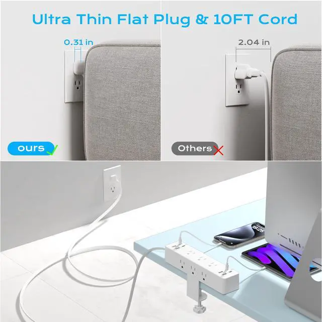 Alt view image 4 of 7 - Flat Plug Desk Clamp Power Strip 10FT, 40W Total Fast Charging Station, 2 PD20W USB C Ports, Desk Edge Mount Power Strip 9 AC Outlets 8 USB Ports Surge Protector, Fit 1.7" Tabletop Edge, White