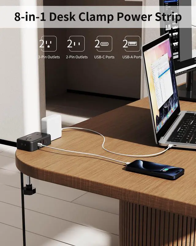 Alt view image 2 of 7 - Desk Clamp Power Strip, Desktop Mount Charging Station with 4 Outlets 4 USB Ports (2 USB C), 10Ft Under Desk Power Strip, Fits 2.75" Tabletop Edge, Extension Cord for Home Office, Black