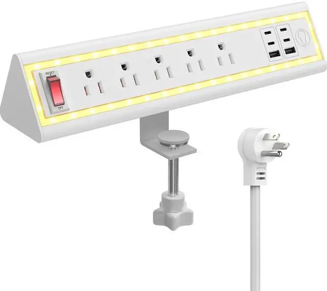 Main image of Desk Clamp Power Strip with Nightlight, 40W Fast Charging, 6FT Extension Cord, 4x20W USB-C & 2 USB Ports, 5 AC Outlets, Fits 1.69-Inch Table Edges