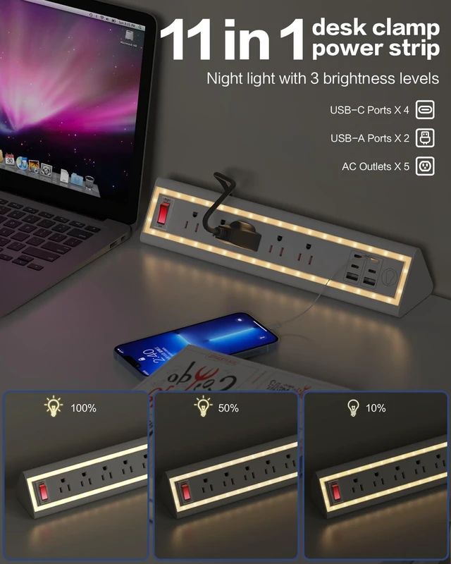 Alt view image 2 of 7 - Desk Clamp Power Strip with Nightlight, 40W Fast Charging, 10FT Extension Cord, 4x20W USB-C & 2 USB Ports, 5 AC Outlets, Fits 1.69-Inch Table Edges