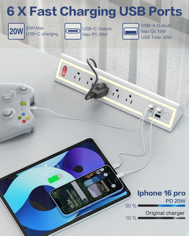 Alt view image 4 of 7 - Desk Clamp Power Strip with Nightlight, 40W Fast Charging, 10FT Extension Cord, 4x20W USB-C & 2 USB Ports, 5 AC Outlets, Fits 1.69-Inch Table Edges