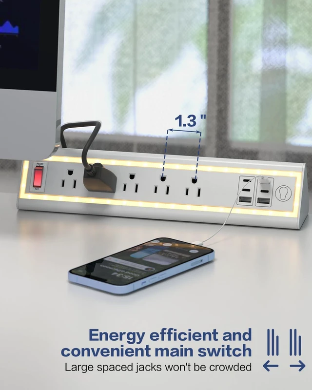 Alt view image 6 of 7 - Desk Clamp Power Strip with Nightlight, 40W Fast Charging, 10FT Extension Cord, 4x20W USB-C & 2 USB Ports, 5 AC Outlets, Fits 1.69-Inch Table Edges