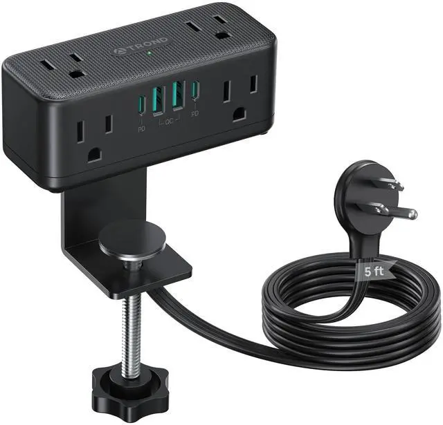 Main image of Small Footprint Desk Clamp Power Strip with USB C PD 20W, Flat Plug Extension Cord Surge Protector 5ft, 6 Wide Space Outlets 4 USB, Fit 2.16" Tabletop Edge, Home Office Desk Accessories, Black