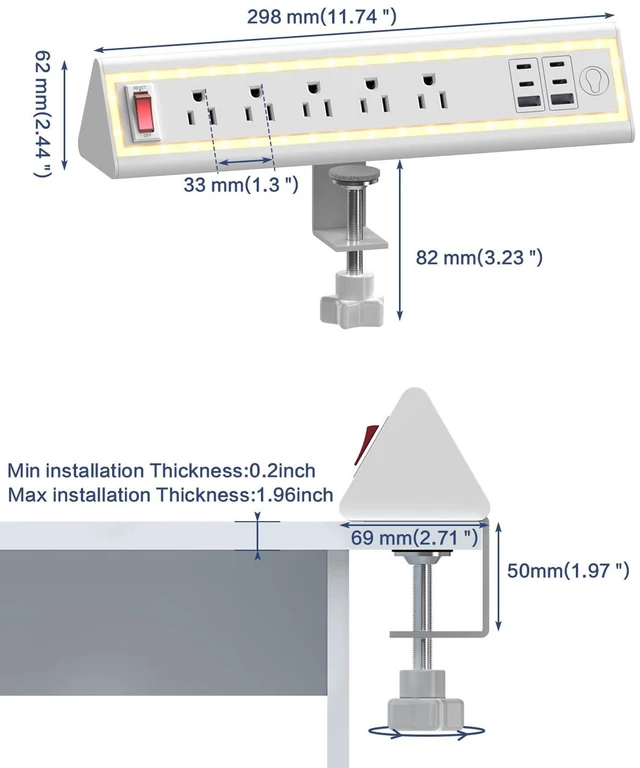 Alt view image 7 of 7 - Desk Clamp Power Strip with Nightlight, 40W Fast Charging, 10FT Extension Cord, 4x20W USB-C & 2 USB Ports, 5 AC Outlets, Fits 1.69-Inch Table Edges