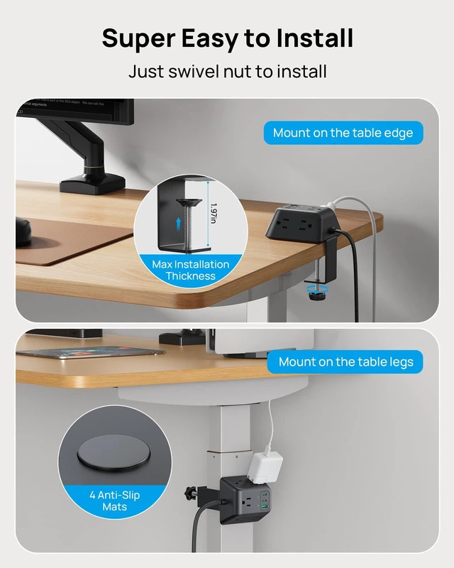 Alt view image 4 of 7 - Desk Clamp Power Strip, Surge Protector with USB C PD 20W Desk Mount Power Strip with 5 AC Outlets, Fit 1.97in Tabletop Edge Thick, 10ft Extension Cord for Home Office Dorm, Black