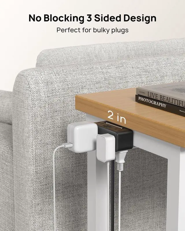 Alt view image 4 of 7 - Small Footprint Desk Clamp Power Strip with USB C PD 20W, Flat Plug Extension Cord Surge Protector 5ft, 6 Wide Space Outlets 4 USB, Fit 2.16" Tabletop Edge, Home Office Desk Accessories, Black