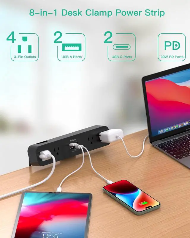 Alt view image 3 of 7 - PD30W Desk Clamp Power Strip, Desktop Mount Surge Protector, Fast Charging Station, 5Ft Extension Cord Desk Mount Shelf with 4 Outlets 4 USB Ports (2 USB C), Home Office Accessories Essentials, Black