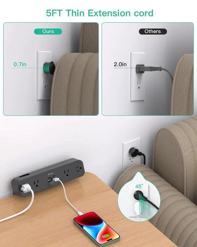 Alt view image 6 of 7 - PD30W Desk Clamp Power Strip, Desktop Mount Surge Protector, Fast Charging Station, 5Ft Extension Cord Desk Mount Shelf with 4 Outlets 4 USB Ports (2 USB C), Home Office Accessories Essentials, Black