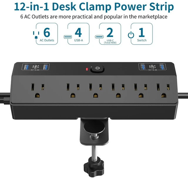 Alt view image 2 of 7 - Desk Clamp Power Strip with 40W Fast Charging Station, 10ft Flat Plug Power Strip Surge Protector, 2 USB-C Ports, 6 AC Outlets, Fit 2.48" Tabletop Edge, Home Office Desk Accessories Essentials