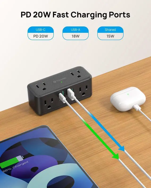 Alt view image 5 of 7 - Small Footprint Desk Clamp Power Strip with USB C PD 20W, Flat Plug Extension Cord Surge Protector 5ft, 6 Wide Space Outlets 4 USB, Fit 2.16" Tabletop Edge, Home Office Desk Accessories, Black