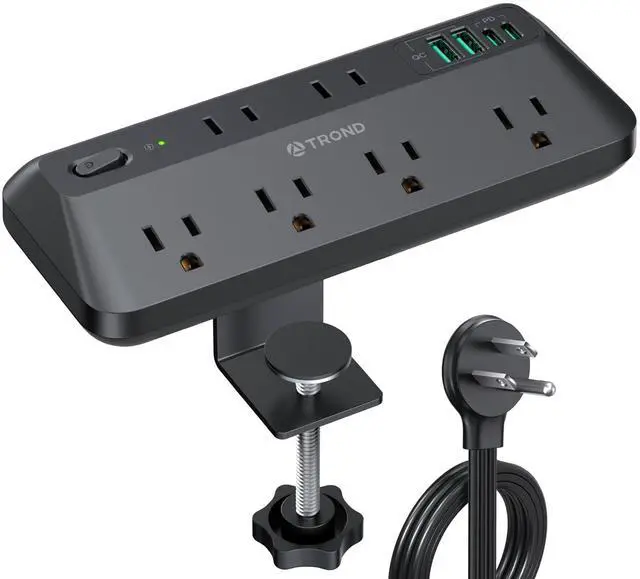Main image of 20W USB C Desk Clamp Power Strip - 1700J Surge Protector with 6 Outlets, Desktop Edge Mount Extension Cord, Fit 1.97" Tabletop, 10FT Flat Plug for Teacher Must Haves, Office, ETL List, Black