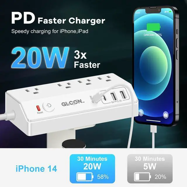 Alt view image 3 of 7 - Desk Clamp Power Strip USB C 20W PD - Removable Surge Protector with 4 Outlet 4 USB Ports - Multi Outlet Plug Edge Mount Desktop Power Station Charging Hub - Home Office Desk Men Women Accessories