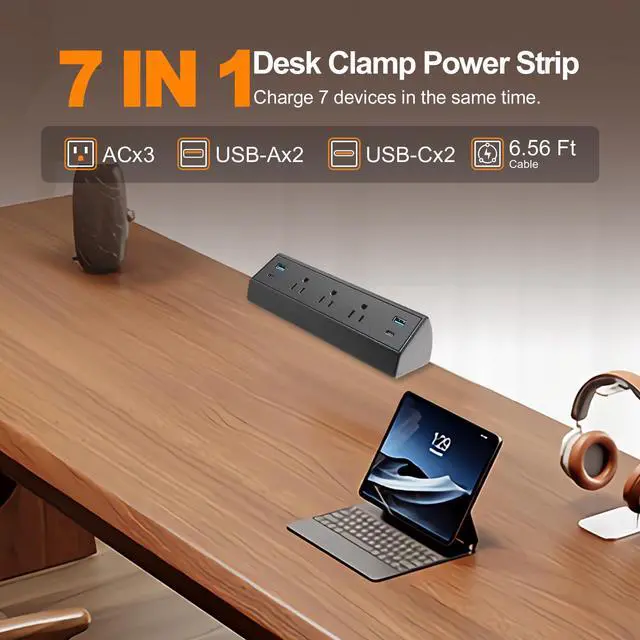 Alt view image 7 of 7 - Fast Charge USB C Desk Clamp Power Strip 40W, Desktop Edge Mount 2 PD 20W USB-C Ports&2 QC 18W USB A Ports 3 Outlets Flat Plug for Home Office School Hotel ETL (Black)