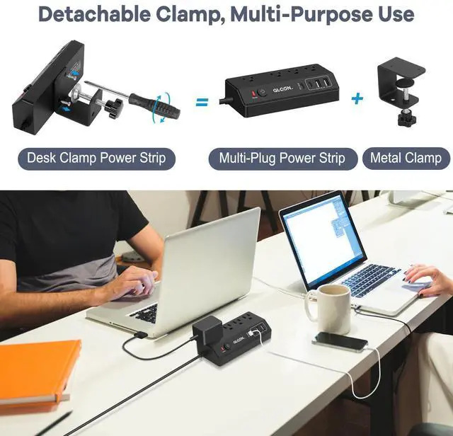 Alt view image 7 of 7 - Desk Clamp Power Strip,20W USB C Fast Charging Station | 10FT Extension Cord, 4 AC Outlets 4 USB Ports Charging Station,Surge Protector Extender, Fits 1.8" Tabletop Edge, Black