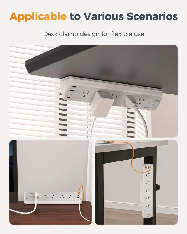Alt view image 7 of 7 - Desk Clamp Power Strip 10 Ft, 2100J Surge Protector Desk Charging Station, 5 Outlets with 4 USB Ports (2 USB C), Flat Plug Extension Cord with Multiple Outlets for Home Office Dorm Room, Grey