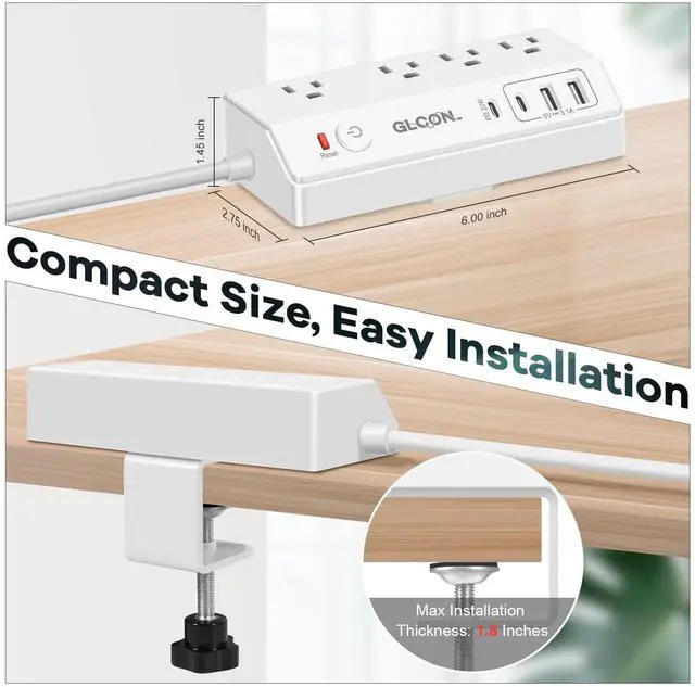Alt view image 4 of 7 - Desk Clamp Power Strip USB C 20W PD - Removable Surge Protector with 4 Outlet 4 USB Ports - Multi Outlet Plug Edge Mount Desktop Power Station Charging Hub - Home Office Desk Men Women Accessories