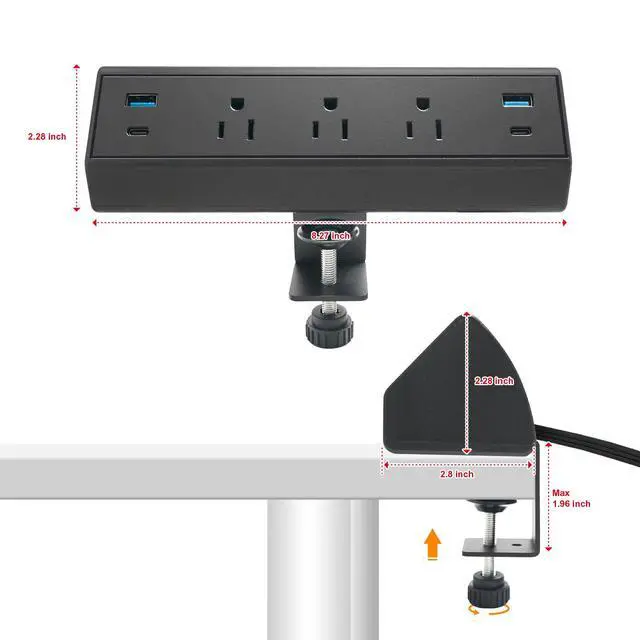 Alt view image 5 of 7 - Desk Clamp Power Strip with USB C 40W Fast Charge 4 USB Ports 3 AC Outlets (Black)