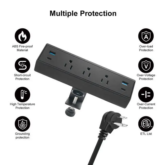Alt view image 5 of 7 - Fast Charge USB C Desk Clamp Power Strip 40W, Desktop Edge Mount 2 PD 20W USB-C Ports&2 QC 18W USB A Ports 3 Outlets Flat Plug for Home Office School Hotel ETL (Black)