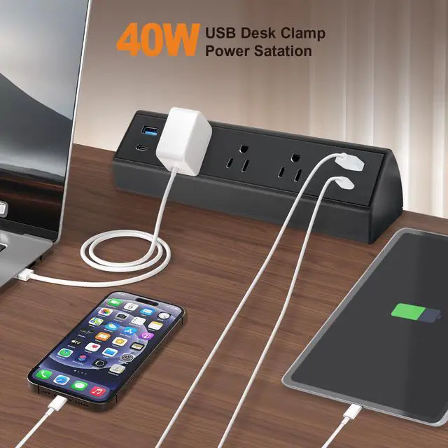 Alt view image 2 of 7 - Fast Charge USB C Desk Clamp Power Strip 40W, Desktop Edge Mount 2 PD 20W USB-C Ports&2 QC 18W USB A Ports 3 Outlets Flat Plug for Home Office School Hotel ETL (Black)