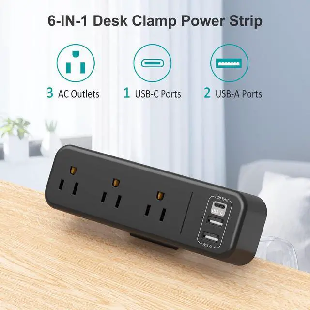 Alt view image 2 of 7 - Desk Clamp Power Strip with USB C, 3 Outlet Desktop Mount Power Station Removable Clamp Socket with 6.5 ft Extension Cord, Fit 1.7 inch Tabletop Edge