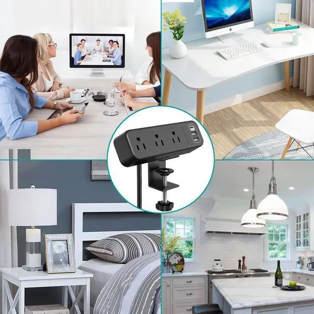Alt view image 7 of 7 - Desk Clamp Power Strip with USB C, 3 Outlet Desktop Mount Power Station Removable Clamp Socket with 6.5 ft Extension Cord, Fit 1.7 inch Tabletop Edge