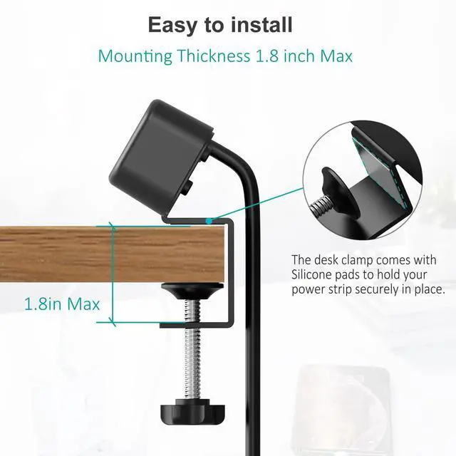Alt view image 5 of 7 - Desk Clamp Power Strip with USB C, 3 Outlet Desktop Mount Power Station Removable Clamp Socket with 6.5 ft Extension Cord, Fit 1.7 inch Tabletop Edge