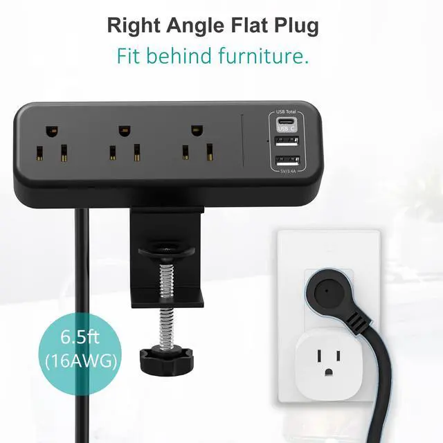 Alt view image 4 of 7 - Desk Clamp Power Strip with USB C, 3 Outlet Desktop Mount Power Station Removable Clamp Socket with 6.5 ft Extension Cord, Fit 1.7 inch Tabletop Edge