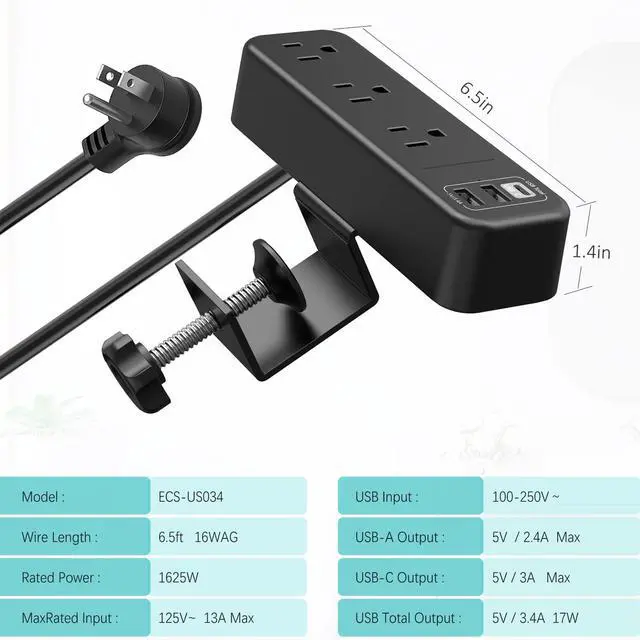 Alt view image 6 of 7 - Desk Clamp Power Strip with USB C, 3 Outlet Desktop Mount Power Station Removable Clamp Socket with 6.5 ft Extension Cord, Fit 1.7 inch Tabletop Edge