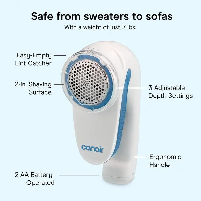 Alt view image 4 of 7 - Conair Fabric Shaver and Lint Remover, Battery-Operated Portable Clothes Shaver with 3 Settings, Fuzz Remover for Sweaters, Clothing and Furniture, Large 2-Inch Shaving Head, White