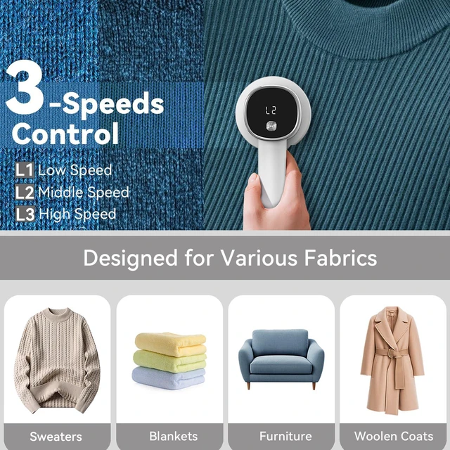 Alt view image 3 of 7 - Rechargeable Fabric Shaver for Clothes: 6-Leaf Blades & 3 Speeds to Remove Pilling, Fuzz & Lint Balls - with LED Display, Portable Electric Lint Remover for Sweater, Couch, Blanket, Furniture