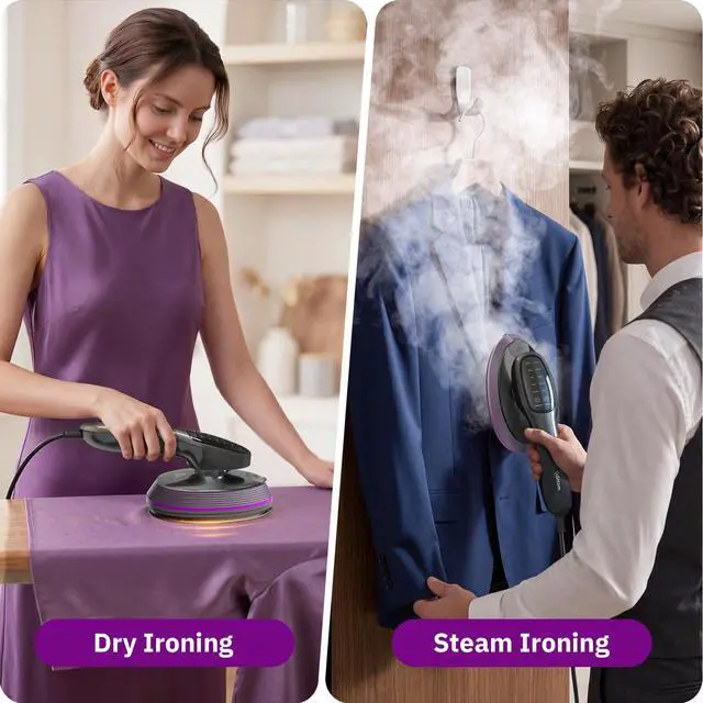 Alt view image 2 of 7 - 2-in-1 Steamer & Iron for Clothes, 120V Handheld Clothes Steamer Iron, 1200W Fast Heat in 20s, Quick Wrinkle Removal 10 Adjustable Levels for Delicate to Thick Fabrics - RosePink