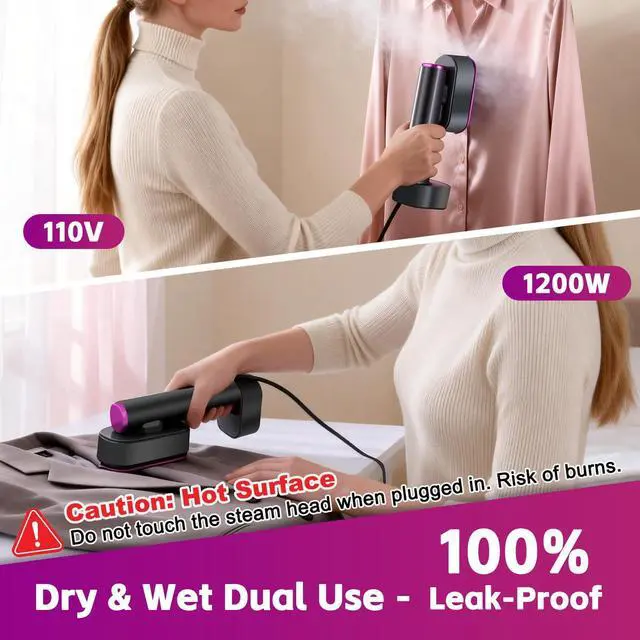 Alt view image 3 of 7 - Handheld Garment Steamer, 2-in-1 Steamer & Iron, 1200W Fast Heat, 190ml Detachable Water Tank Portable Travel Steamer with LED Display, 6 Modes, for Home & Travel