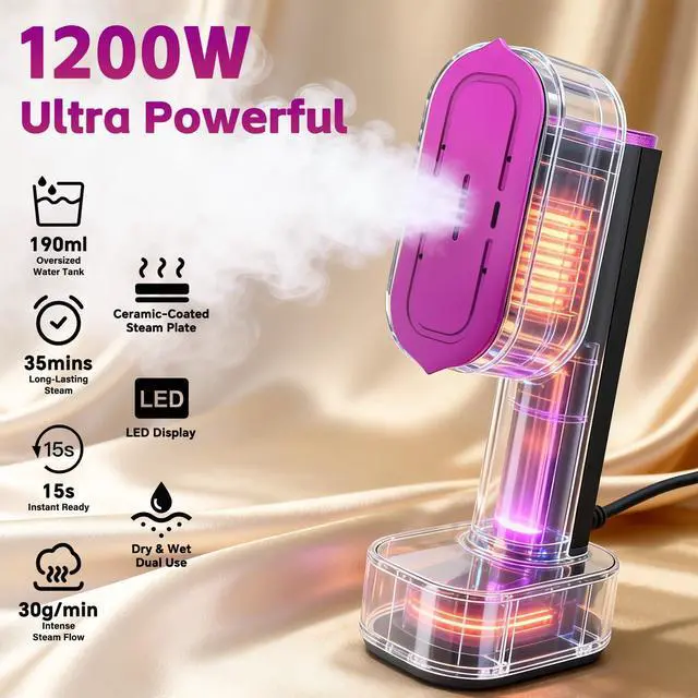 Alt view image 4 of 7 - Handheld Garment Steamer, 2-in-1 Steamer & Iron, 1200W Fast Heat, 190ml Detachable Water Tank Portable Travel Steamer with LED Display, 6 Modes, for Home & Travel