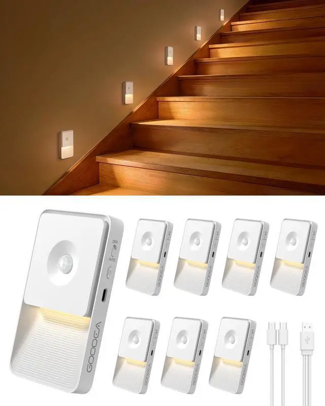 Main image of Rechargeable Motion Sensor Night Lights for Stairs, Magnetic Stair Lights Indoor, Warm Dimmable Night Light for Hallway,Bathroom,Bedroom,Closet(8Pack)