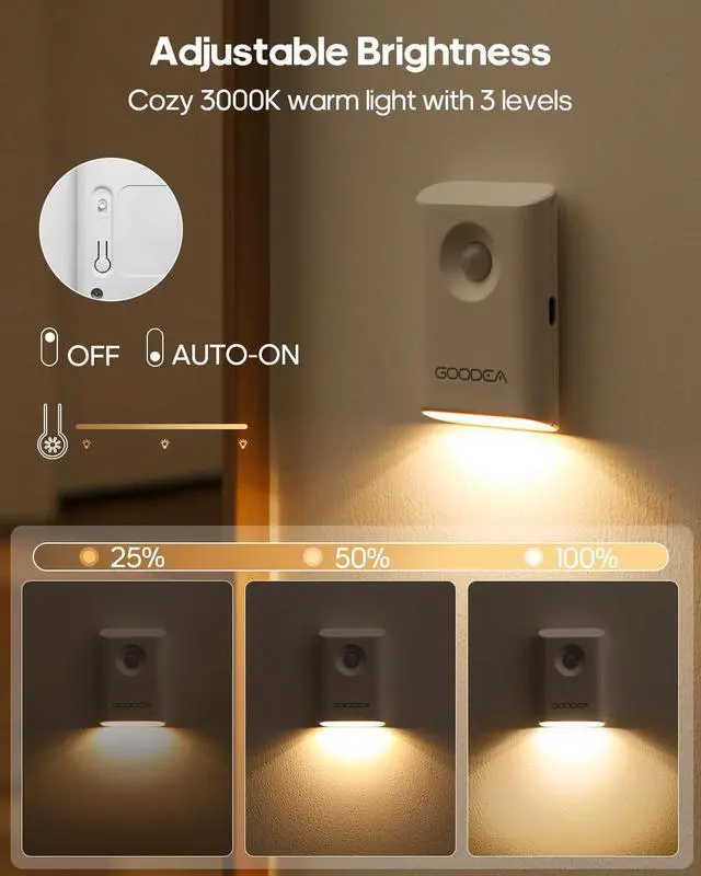 Alt view image 4 of 7 - Rechargeable Battery Night Light with Motion Sensor, Wireless, Magnetic & Dimmable Stair Light, Portable Mini 3000K Warm White Stick-on Indoor Night Light for Bathroom, Hallway, Toilet, Bedroom, Stair