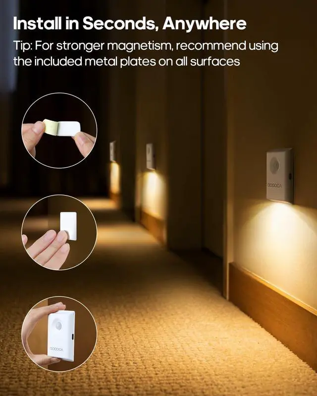 Alt view image 6 of 7 - Rechargeable Battery Night Light with Motion Sensor, Wireless, Magnetic & Dimmable Stair Light, Portable Mini 3000K Warm White Stick-on Indoor Night Light for Bathroom, Hallway, Toilet, Bedroom, Stair