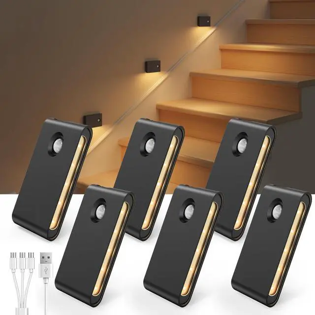 Main image of 6 Pack Motion Sensor Night Lights, Sync LED Stair Lights Indoor, 1500mAh Rechargeable, Magnetic & Dimmable, 3000K Soft White, Portable Nightlight for Hallway, Stairs, Bathroom, Bedroom (Black)