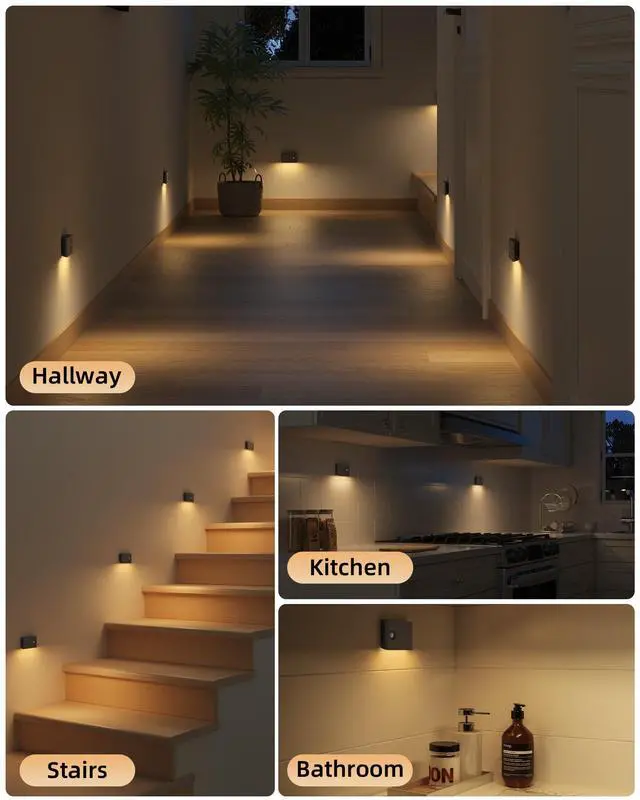 Alt view image 6 of 7 - 6 Pack Motion Sensor Night Lights, Sync LED Stair Lights Indoor, 1500mAh Rechargeable, Magnetic & Dimmable, 3000K Soft White, Portable Nightlight for Hallway, Stairs, Bathroom, Bedroom (Black)