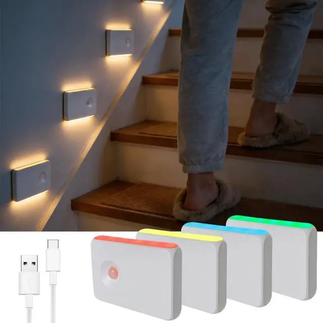 Main image of 4 Pack Rechargeable Motion Sensor Night Lights, RGB & Warm White Stair Lights with Magnetic Mount, Wireless Indoor Lights for Stairs, Hallway, Bathroom, Closet & Cabinet