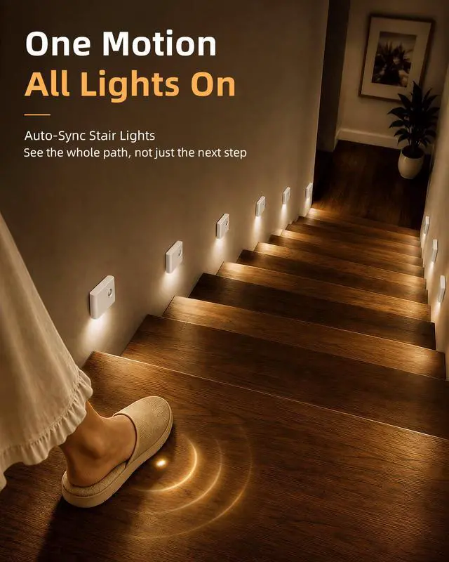Alt view image 2 of 7 - 3 Pack Motion Sensor Night Lights, Sync LED Stair Lights Indoor, 1500mAh Rechargeable, Magnetic & Dimmable, 3000K Soft White, Portable Nightlight for Hallway, Stairs, Bathroom, Bedroom