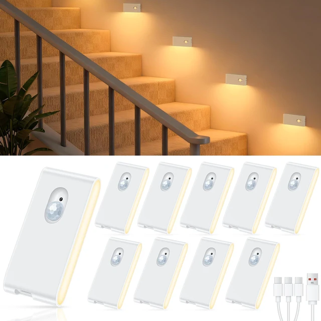 Main image of Rechargeable Night Light, Warm White Stair Lights Indoor, Wireless Motion Sensor Night Light, Stick On Lights for Stairs, Hallway, Stairway, Bathroom, Bedroom, Kitchen, 10 Pack