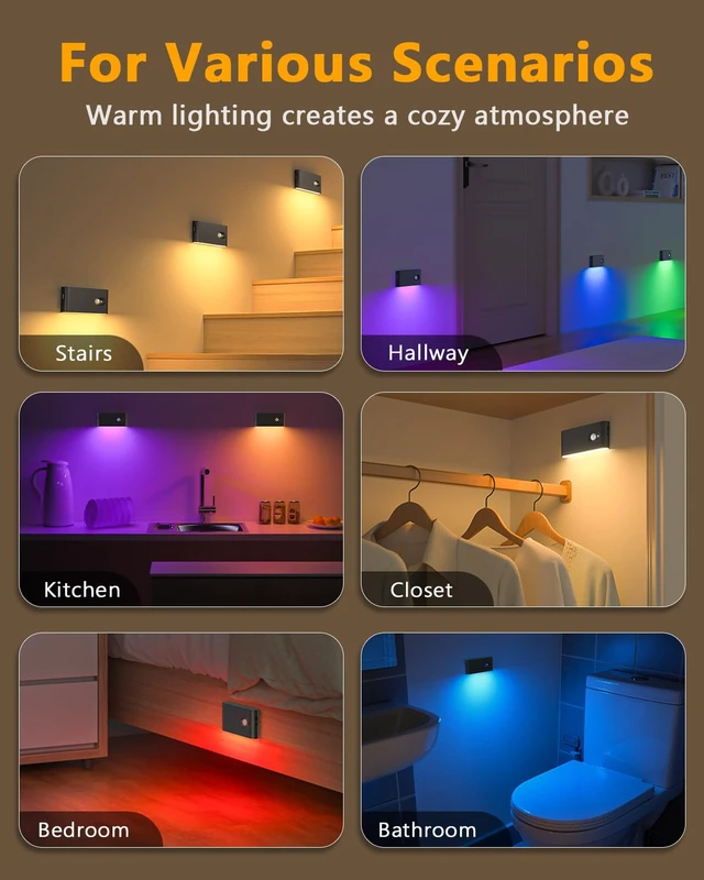 Alt view image 2 of 7 - Stair Lights Indoor Rechargeable,RGB & Warm White Color Changing Night Light,Wireless Motion Sensor Lights Indoor for Stair,Bathroom,Hallway,Kitchen,Closet,Cabinet,Bedroom,Kids' Room
